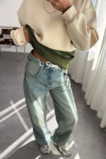 Beli İp Bağlamalı Wide Leg Mavi Jean - Görsel 2