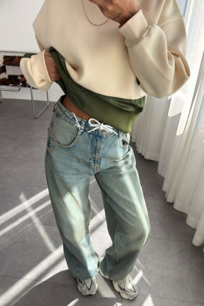 Beli İp Bağlamalı Wide Leg Mavi Jean - Görsel 2