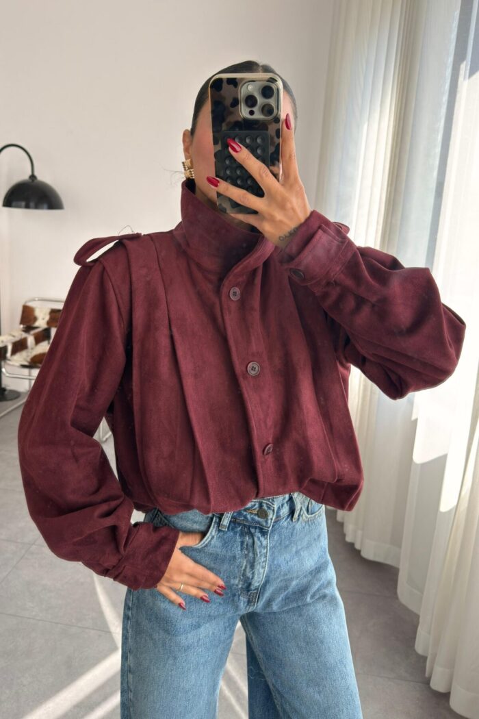 Süet Pileli Kısa Ceket Bordo - Görsel 2