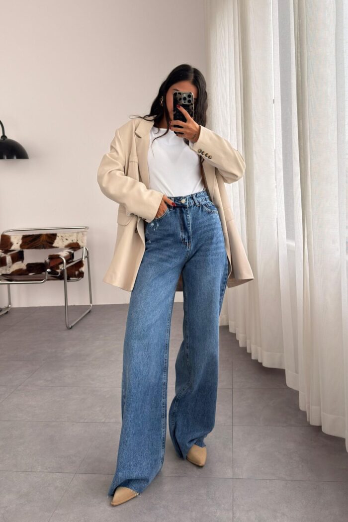 Soni Kesik Paçalı Dark Blue Jean - Görsel 1