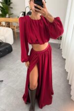 Vatkalı Etek Crop Takım Bordo - Görsel 2