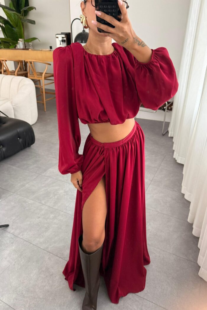 Vatkalı Etek Crop Takım Bordo - Görsel 2
