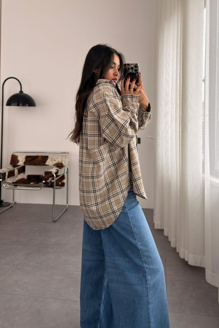 Ekose Oversize Oduncu Gömlek Bej - Görsel 3
