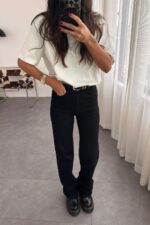 Biana Beli Kemerli Straight Siyah Jean - Görsel 2