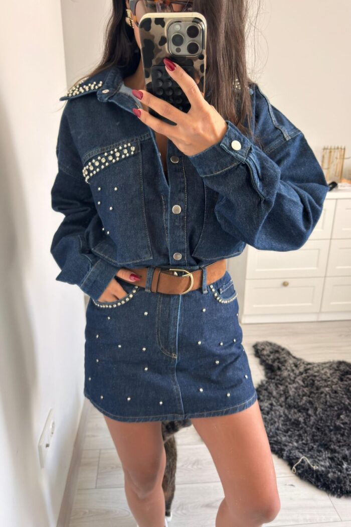 Taşlı Denim Gömlek Etek Takım - Görsel 2