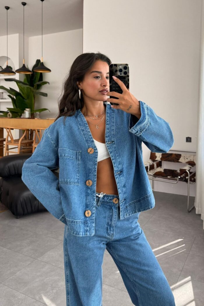 Womens Tek Cepli Denim Gömlek Ceket - Görsel 1