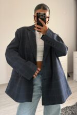 Ekose Oversize Blazer Ceket Lacivert - Görsel 2