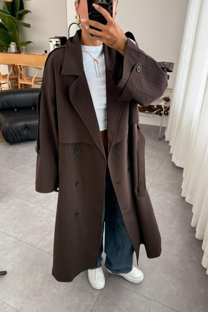 Loose Çizgili Oversize Maxi Trenç Kahve - Görsel 2