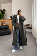 Loose Çizgili Oversize Maxi Trenç Antrasit - Görsel 2