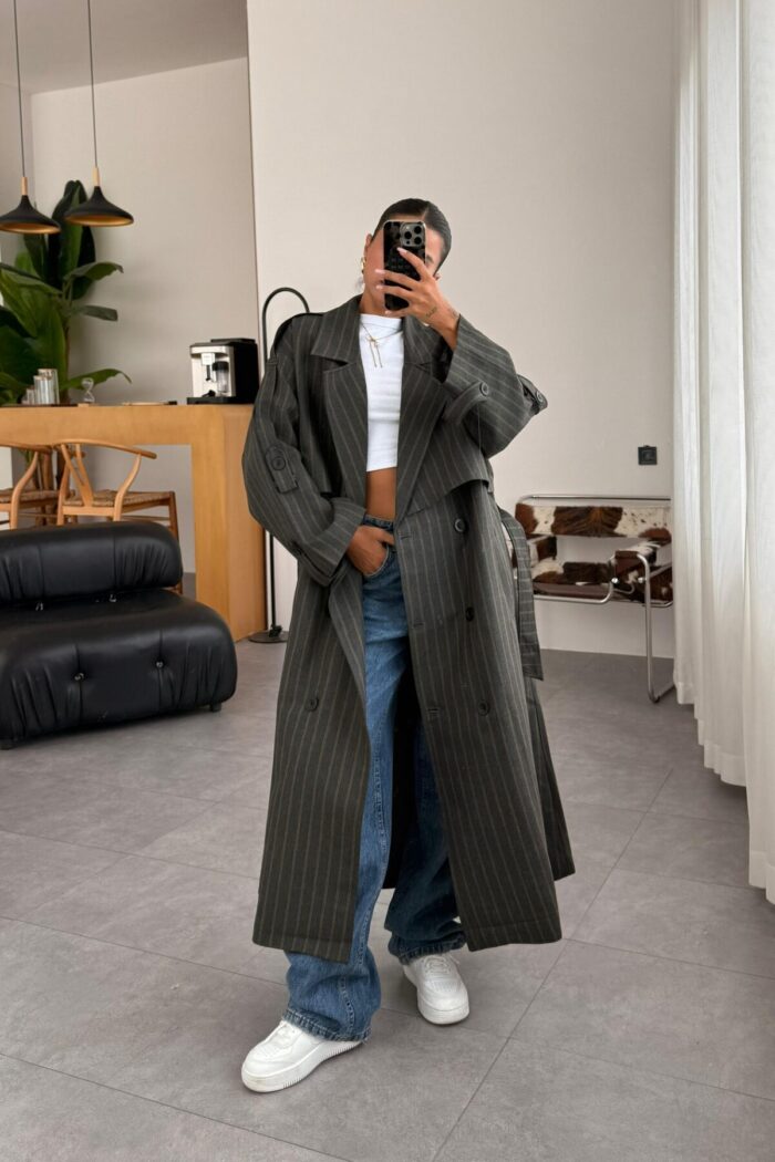 Loose Çizgili Oversize Maxi Trenç Antrasit - Görsel 2