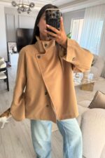Gizli Düğmeli Kısa Trenç Camel - Görsel 2