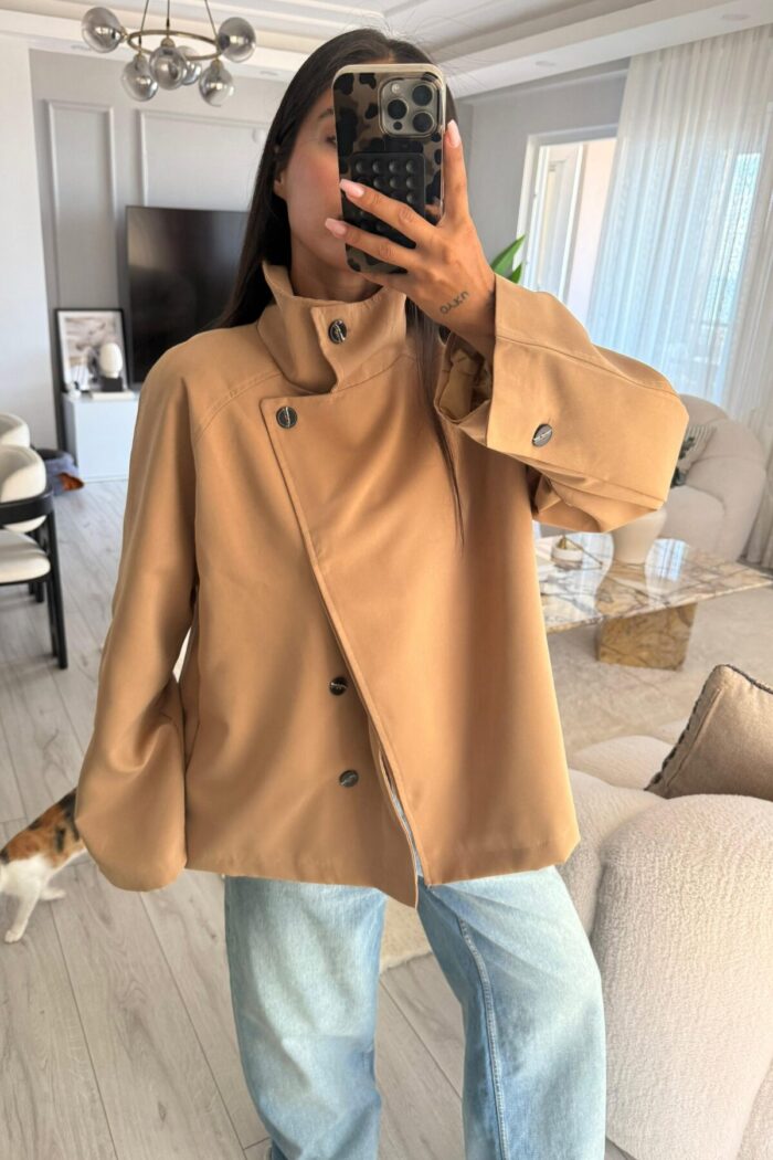 Gizli Düğmeli Kısa Trenç Camel - Görsel 2