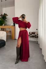 Vatkalı Etek Crop Takım Bordo