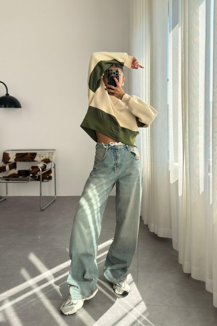 Beli İp Bağlamalı Wide Leg Mavi Jean - Görsel 1