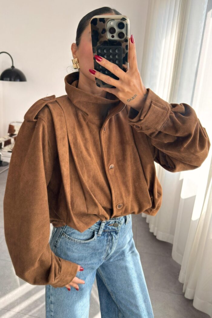 Süet Pileli Kısa Ceket Camel - Görsel 2