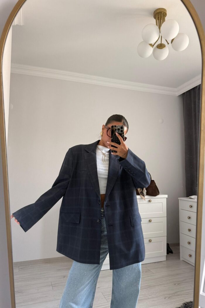 Ekose Oversize Blazer Ceket Lacivert - Görsel 1