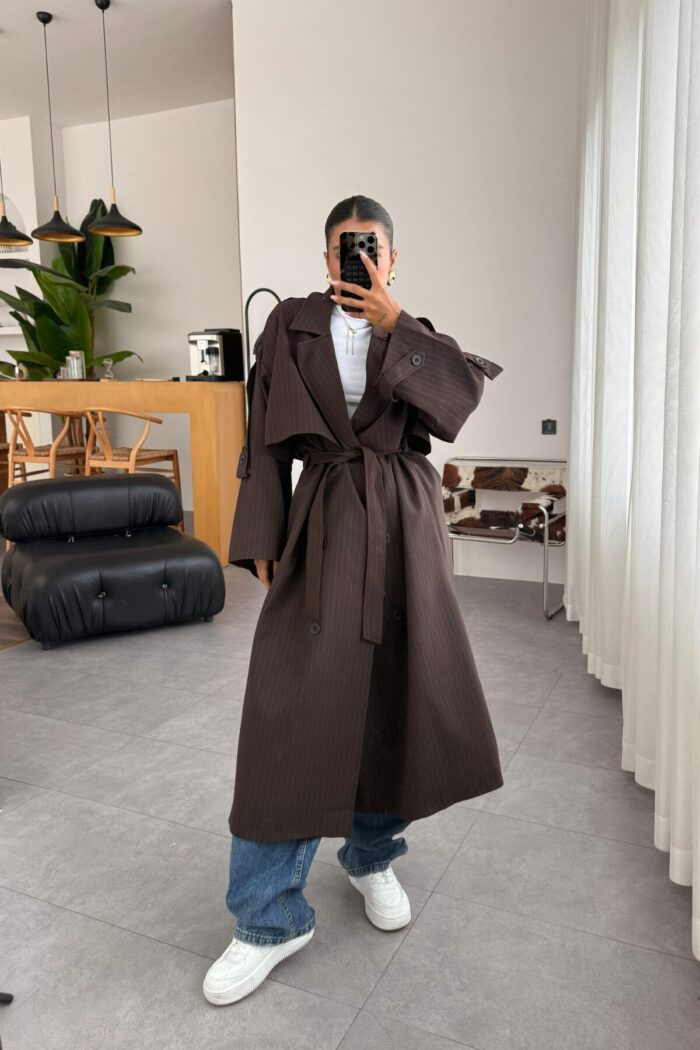 Loose Çizgili Oversize Maxi Trenç Kahve - Görsel 3