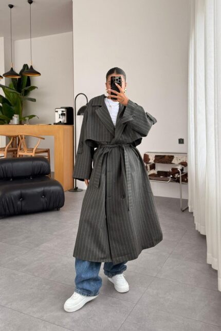 Loose Çizgili Oversize Maxi Trenç Antrasit