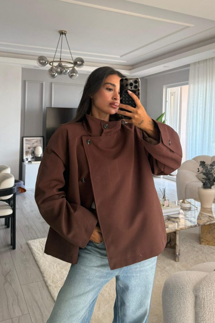 Gizli Düğmeli Kısa Trenç Acı Kahve - Görsel 1
