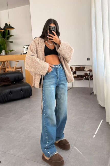 İnci Taşlı Dark Blue Jean