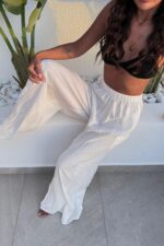 Beli Lastikli Bol Paça Pantolon Beyaz - Görsel 3