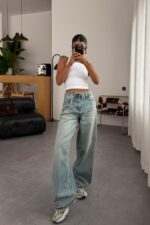 Luna Beli Bağlamalı Yeşil Eskitme Wide Leg Jean