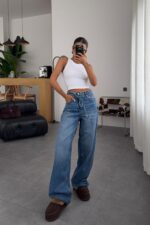 Luna Beli Bağlamalı Mavi Wide Leg Jean