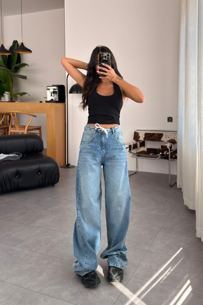 Beli İp Bağlamalı Wide Leg Jean - Görsel 1