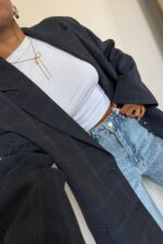 Ekose Oversize Blazer Ceket Lacivert - Görsel 4