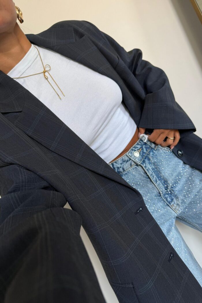 Ekose Oversize Blazer Ceket Lacivert - Görsel 4