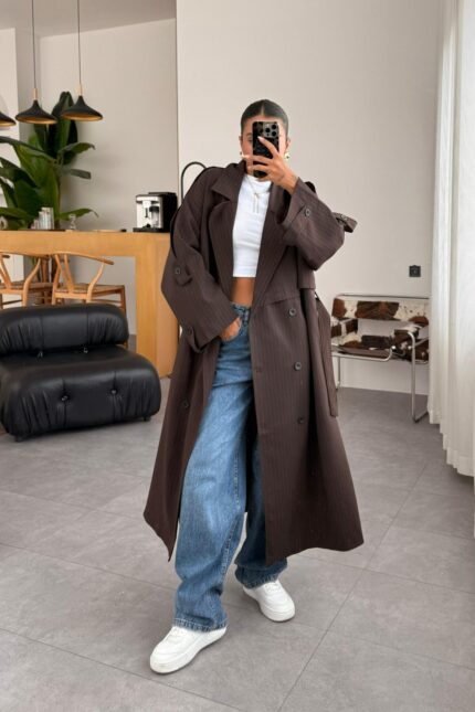 Loose Çizgili Oversize Maxi Trenç Kahve