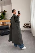 Loose Çizgili Oversize Maxi Trenç Antrasit - Görsel 4
