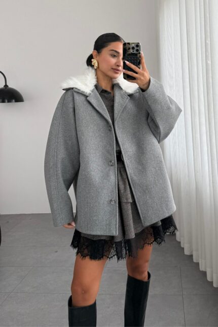 Oversize Yakası Kürklü Ceket Antrasit