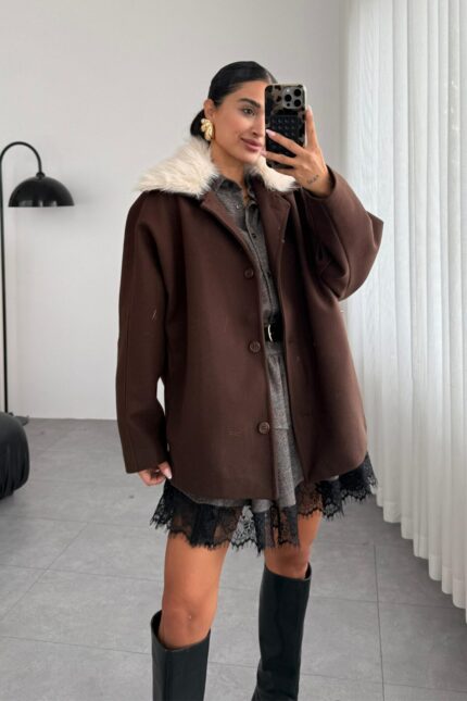 Oversize Yakası Kürklü Ceket Kahverengi