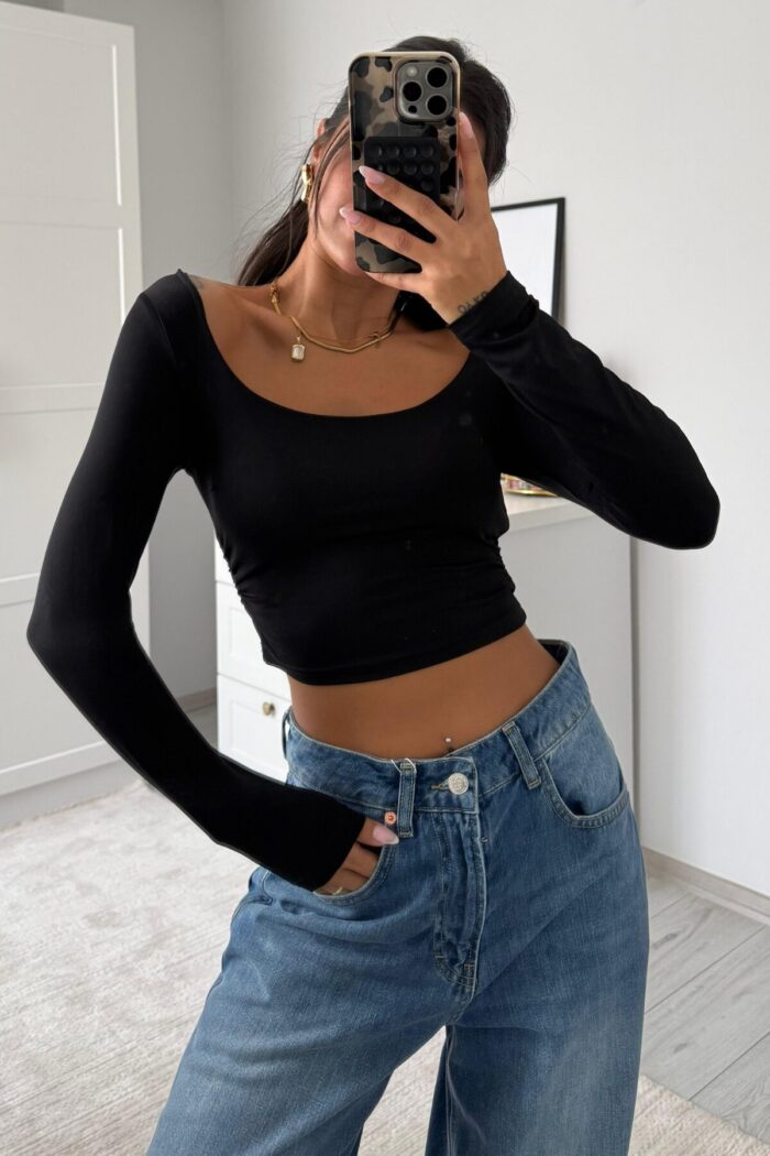 U Yaka Drapeli Crop Siyah - Görsel 1