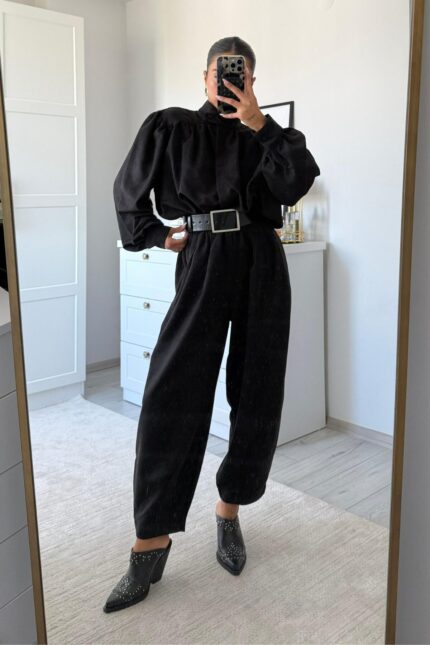 Balon Kol Şalvar Süet Takım Siyah