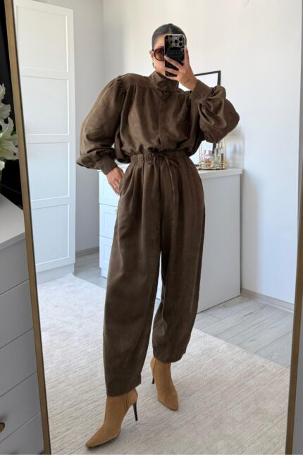 Balon Kol Şalvar Süet Takım Haki