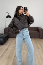 Beli Lastikli Deri Ceket Acı Kahve