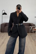 Oversize Kemerli Kaşe Ceket Antrasit