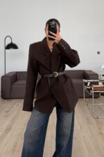 Oversize Kemerli Kaşe Ceket Kahverengi