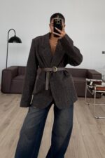 Oversize Kemerli Kaşe Ceket Vizon