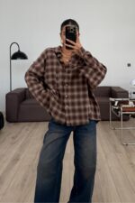 Lazer Kesim Ekose Gömlek Kahverengi