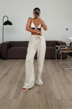 Paçası Fermuarlı Eşofman Ekru