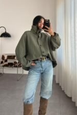 Oversize Dik Yaka Bomber Trenç Haki - Görsel 2