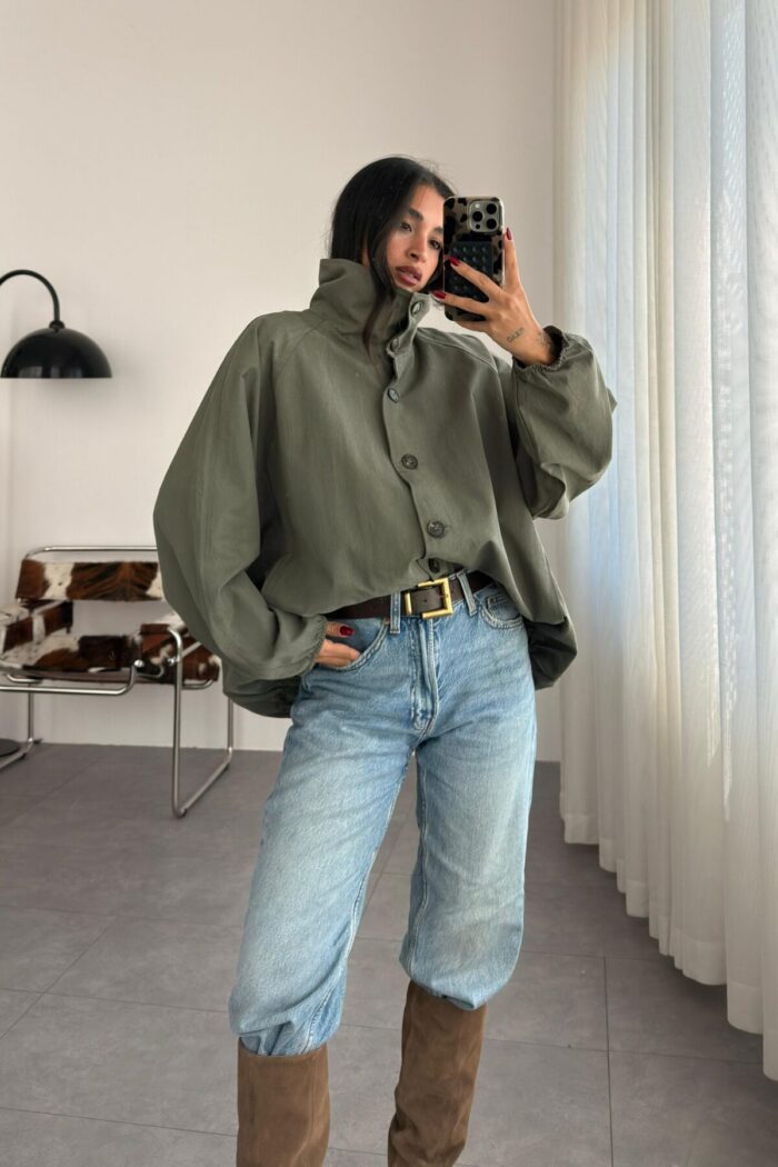 Oversize Dik Yaka Bomber Trenç Haki - Görsel 2