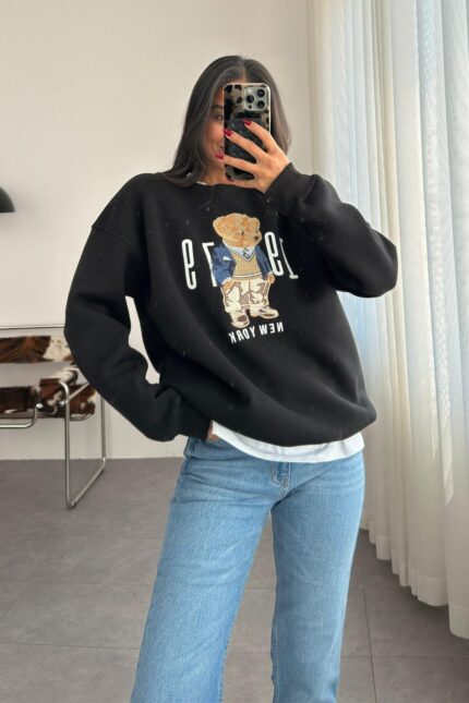 Ayıcık İşlemeli Oversize Sweat Siyah
