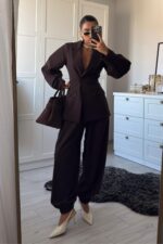 Paçası Lastikli Pantolon Blazer Takım Acı Kahve