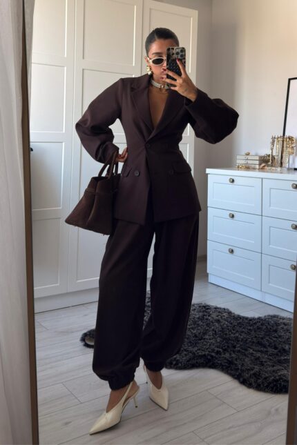 Paçası Lastikli Pantolon Blazer Takım Acı Kahve