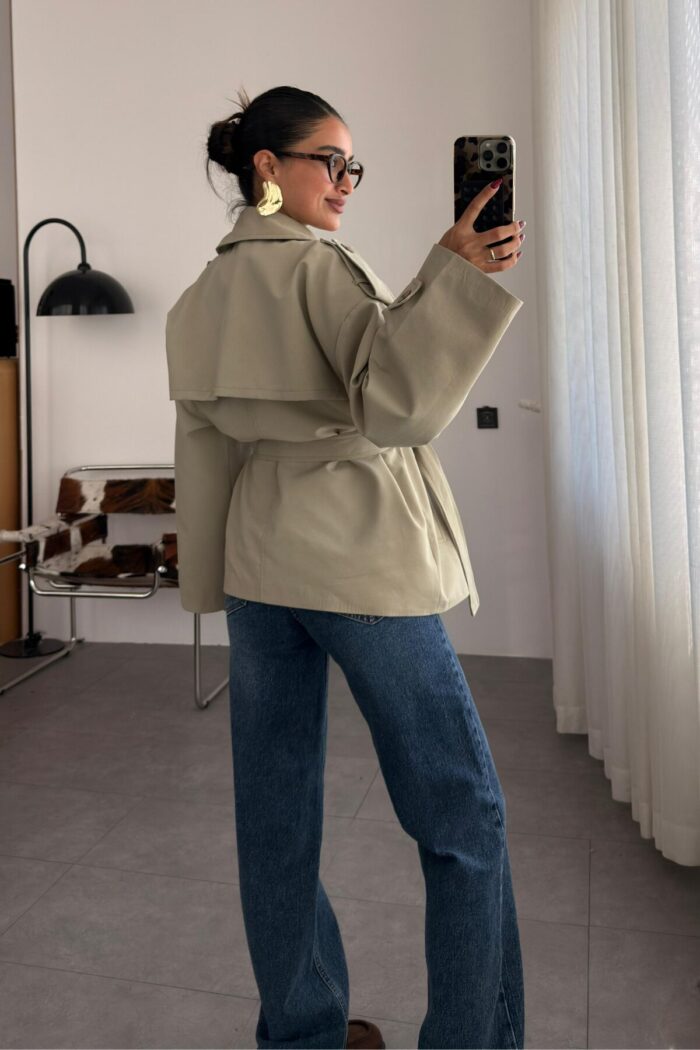 Premium Kısa Oversize Trenç Adaçayı Yeşil - Görsel 4