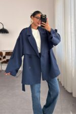 Oversize Beli Bağlamalı Kısa Trenç Lacivert - Görsel 2
